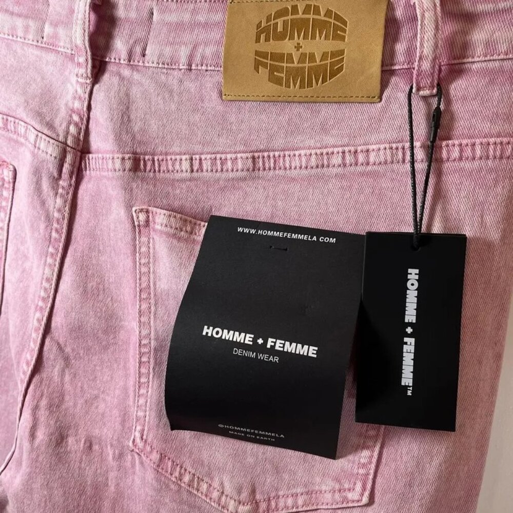 HOMME + FEMME LA distressed flare cargo jeans w/straps washed LIGHT PINK - Picture 7 of 9